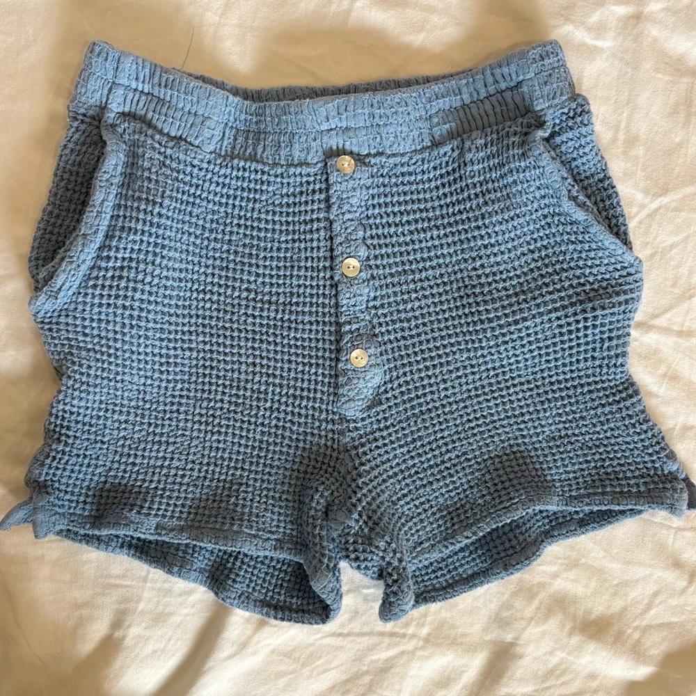 DONNI. Blue High Waist Ribbed Knit Shorts